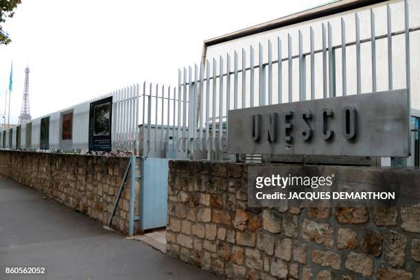 Picture taken on October 12, 2017 shows the logo of the United Nations Educational, Scientific and Cultural Organisation headquarters in Paris. - The...
