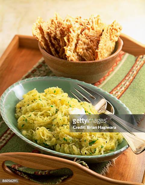 spaghetti squash with parmesan toasts - spaghetti squash stock pictures, royalty-free photos & images