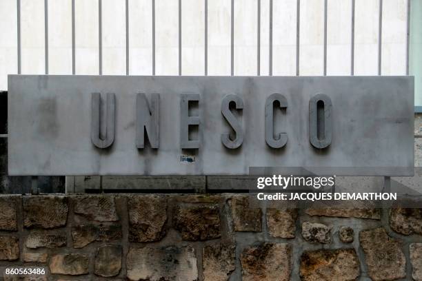 Picture taken on October 12, 2017 shows the logo of the United Nations Educational, Scientific and Cultural Organisation headquarters in Paris. - The...