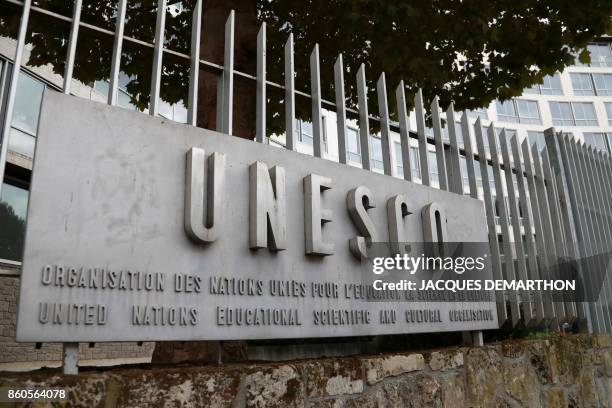 Picture taken on October 12, 2017 shows the logo of the United Nations Educational, Scientific and Cultural Organisation headquarters in Paris. - The...