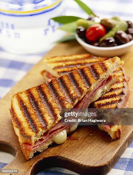 hot ham and swiss panini sandwich - pão de queijo prensado imagens e fotografias de stock