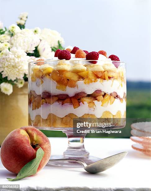 peach and raspberry trifle - trifle stock pictures, royalty-free photos & images