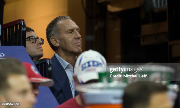 Philadelphia 76ers general manager Bryan Colangelo looks on during the game against the Boston Celtics at the Wells Fargo Center on October 6, 2017...