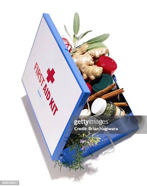 first aid kit with herbs and natural remedies - alternative medicine stock pictures, royalty-free photos & images