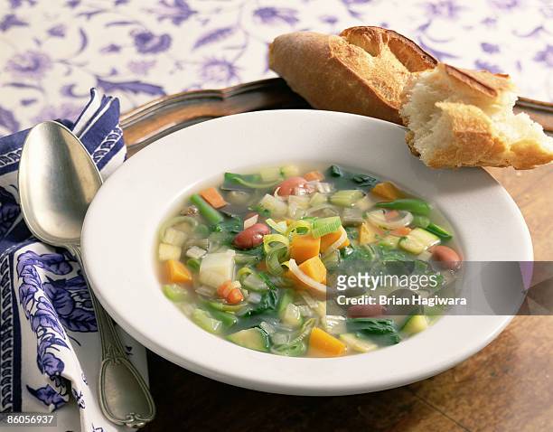 vegetable soup with leeks - soup stock pictures, royalty-free photos & images