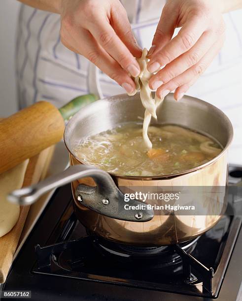 person cooking chicken and dumplings - chicken soup stock pictures, royalty-free photos & images