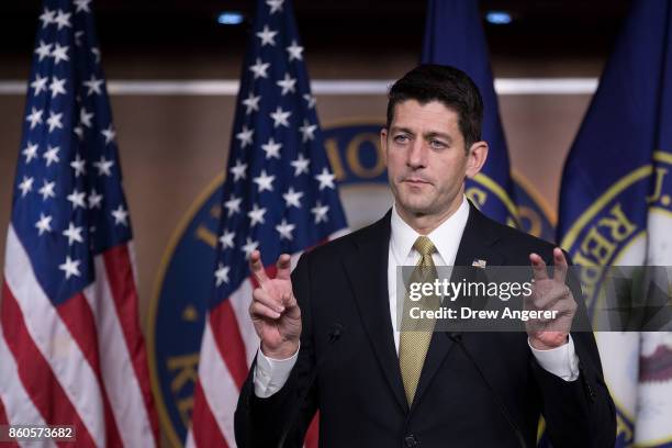 Speaker of the House Paul Ryan speaks during his weekly news conference on Capitol Hill, October 12, 2017 in Washington, DC. On Friday, Speaker Ryan...