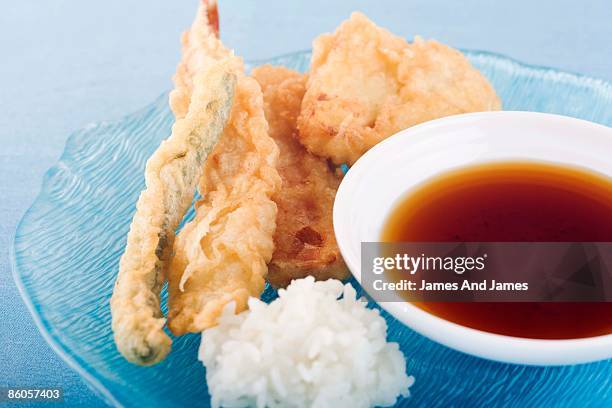 tempura with dipping sauce and white rice - ebi tempura stock pictures, royalty-free photos & images