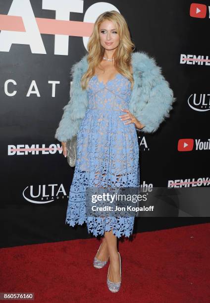 Paris Hilton arrives at the premiere of YouTube's "Demi Lovato: Simply Complicated" on October 11, 2017 at the Fonda Theatre in Los Angeles,...