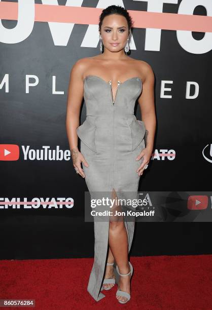 Demi Lovato arrives at the premiere of YouTube's "Demi Lovato: Simply Complicated" on October 11, 2017 at the Fonda Theatre in Los Angeles,...