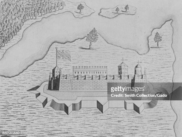 Illustration representing French Fort Saint-Frederic built on Lake Champlain to secure the region against British colonization and control the lake,...