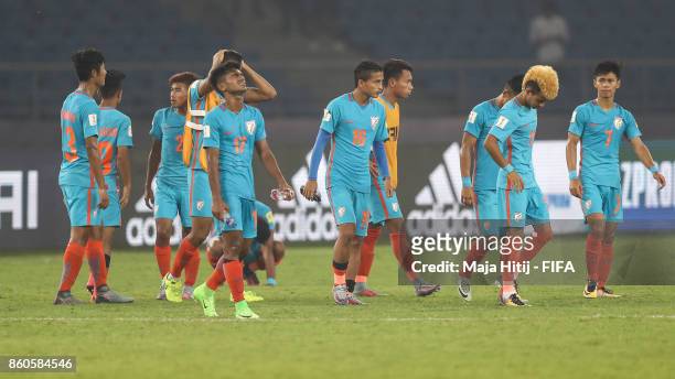 Players of India react after the FIFA U-17 World Cup India 2017 group A match between Ghana and India at Jawaharlal Nehru Stadium on October 12, 2017...