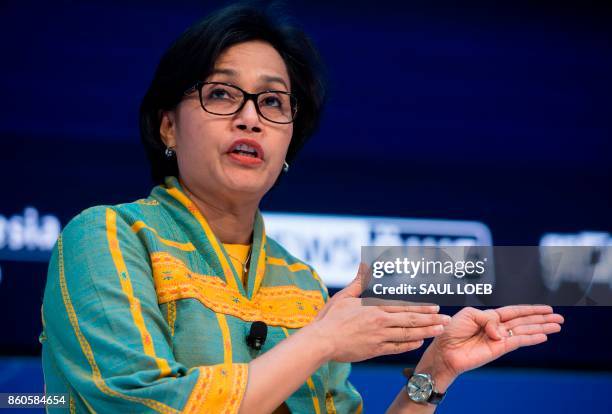 Indonesian Finance Minister Sri Mulyani Indrawati speaks during a CNN Debate on the Global Economy during the World Bank Group / International...