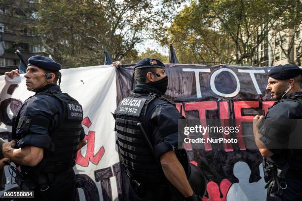 Hundreds of anti-Fascists gathered to show off on Catalan independence during the Columbus national holiday in Barcelona, Spain, on October 12, 2017.