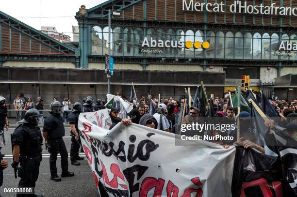 Hundreds of anti-Fascists gathered to show off on Catalan independence during the Columbus national holiday in Barcelona, Spain, on October 12, 2017.