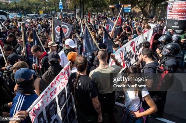 Hundreds of anti-Fascists gathered to show off on Catalan independence during the Columbus national holiday in Barcelona, Spain, on October 12, 2017.