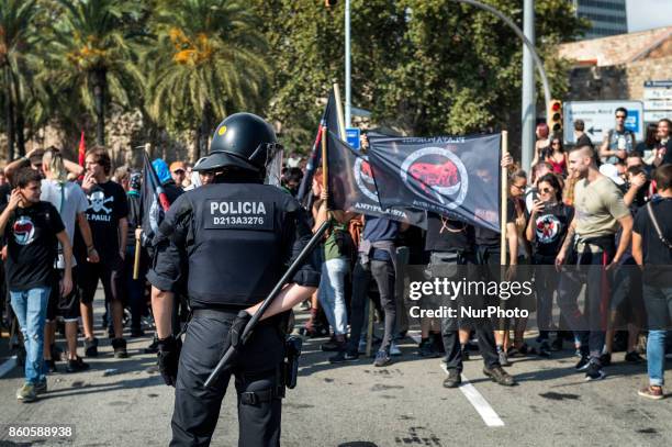 Hundreds of anti-Fascists gathered to show off on Catalan independence during the Columbus national holiday in Barcelona, Spain, on October 12, 2017.