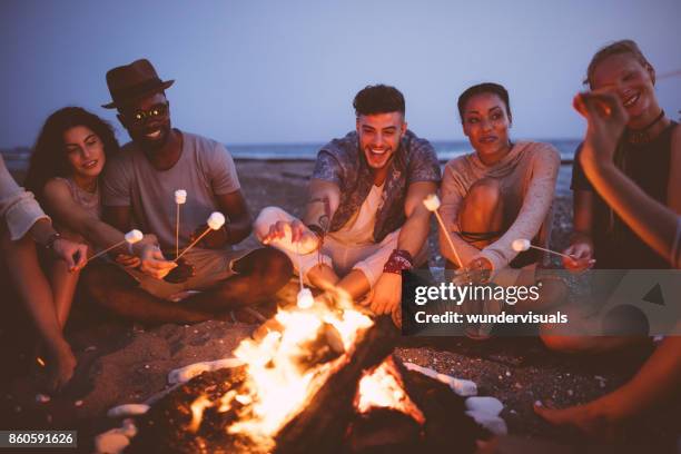 giovani amici multietnici che arrostisce marshmallow su bastoncini in spiaggia - bon fire foto e immagini stock