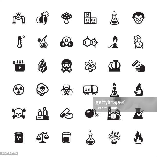 biotechnology and chemistry icons set - lab flask vector stock illustrations