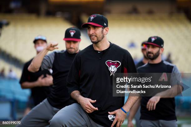 Adam Rosales of the Arizona Diamondbacks warms up during batting practice prior to game one of the National League Division Series against the Los...