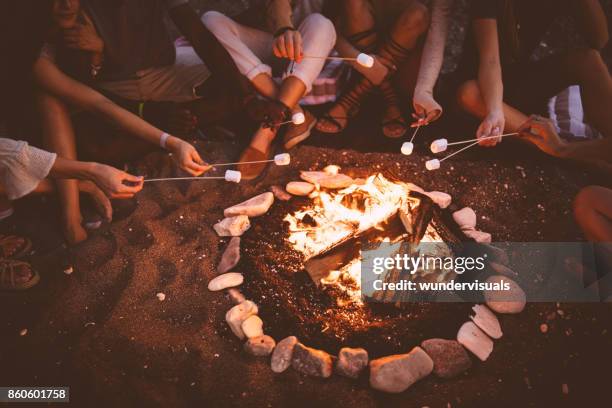 multi-ethnischen jugendliche rösten marshmallows über dem lagerfeuer am strandparty - smore stock-fotos und bilder
