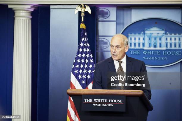 John Kelly, White House chief of staff, speaks during a White House press briefing in Washington, D.C., U.S., on Thursday, Oct. 12, 2017. Kelly...