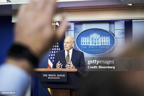 John Kelly, White House chief of staff, speaks during a White House press briefing in Washington, D.C., U.S., on Thursday, Oct. 12, 2017. Kelly...