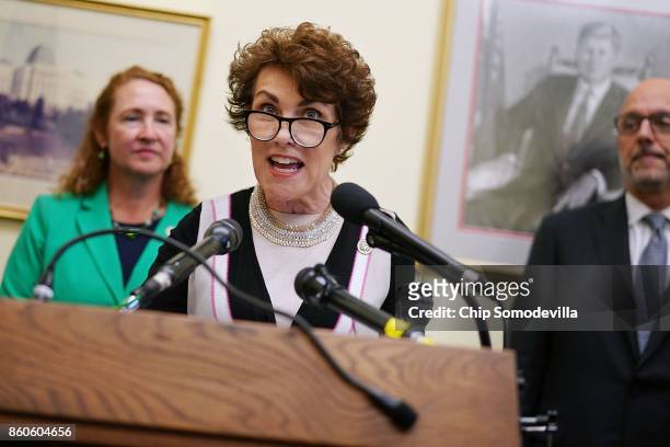Rep. Jacky Rosen speaks during a news conference with Rep. Elizabeth Esty and Rep. Ted Deutch while introducing the 'Keeping Americans Safe Act' in...