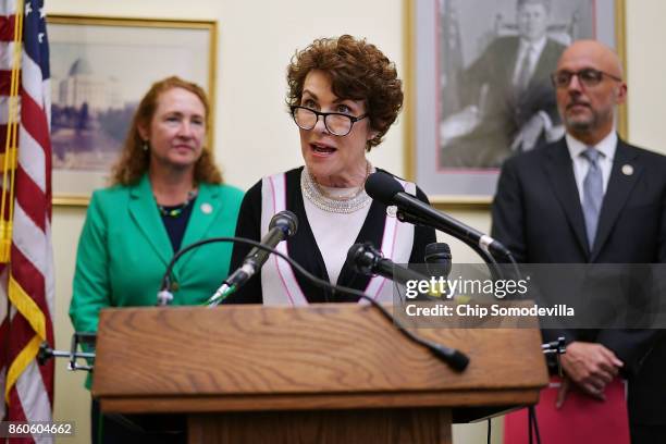 Rep. Jacky Rosen speaks during a news conference with Rep. Elizabeth Esty and Rep. Ted Deutch while introducing the 'Keeping Americans Safe Act' in...