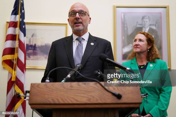 Rep. Ted Deutch and Rep. Elizabeth Esty hold a news conference to introduce the 'Keeping Americans Safe Act' in the Cannon House Office Building on...