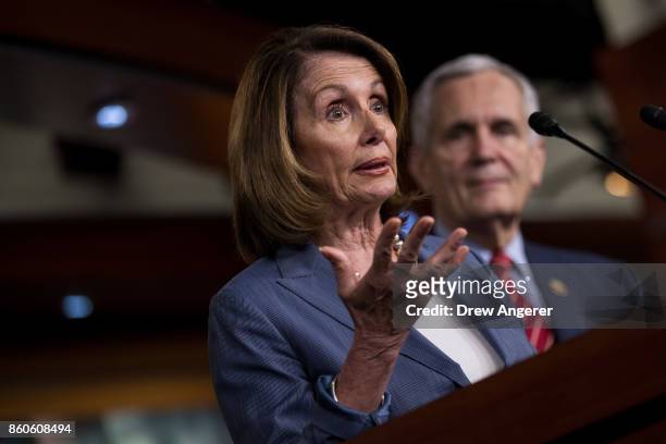 House Minority Leader Nancy Pelosi speaks during a news conference on Republican plans to end the state and local tax deduction, on Capitol Hill,...