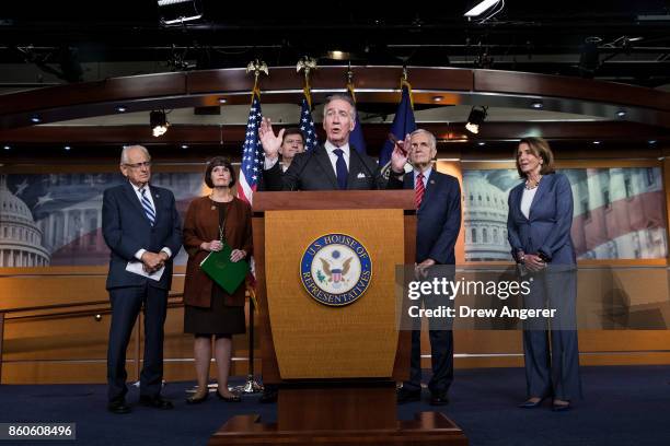 At center, ranking member of the House Ways and Means Committee Rep. Richard Neal speaks during a news conference on Republican plans to end the...