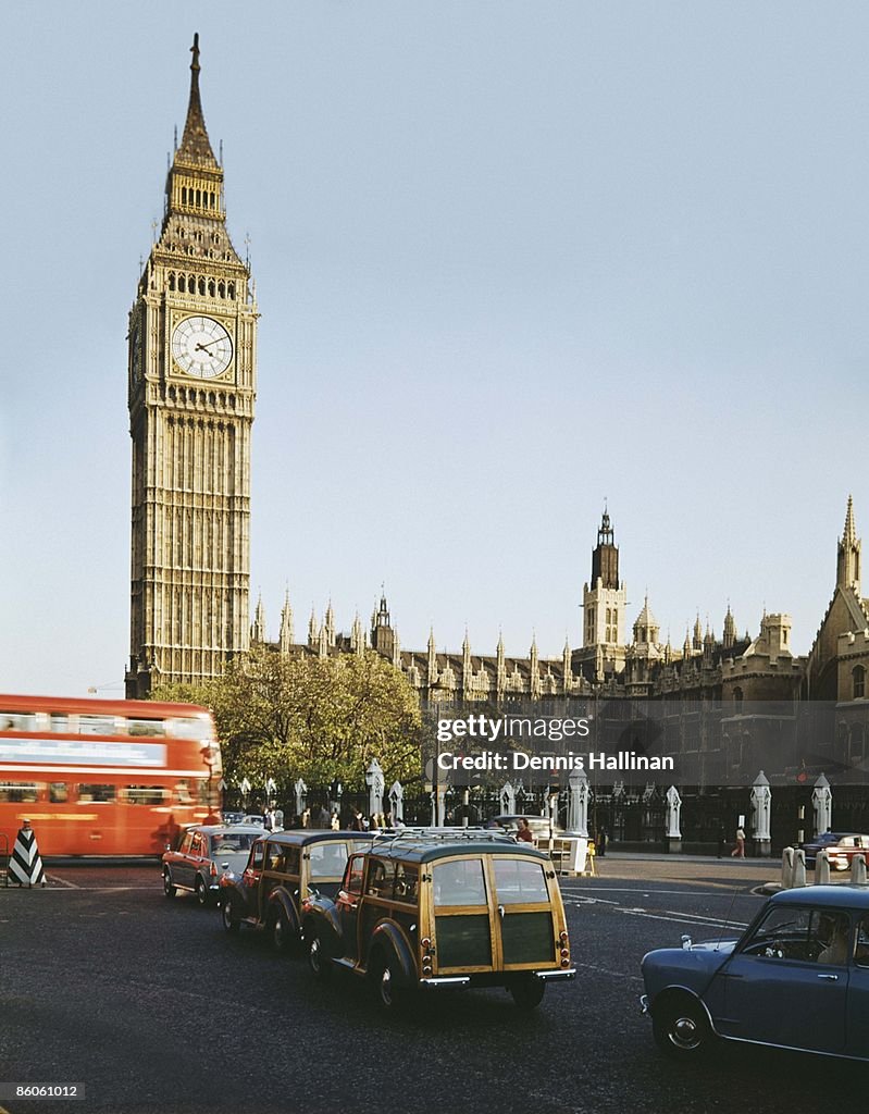 Big Ben and vintage cars, Westminster, London, England