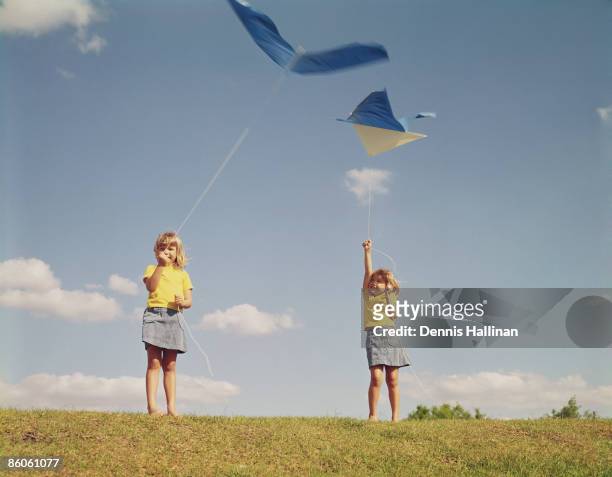 Twin sisters flying kites