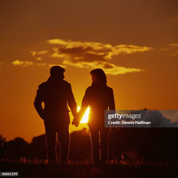 Couple walking holding hands at sunset