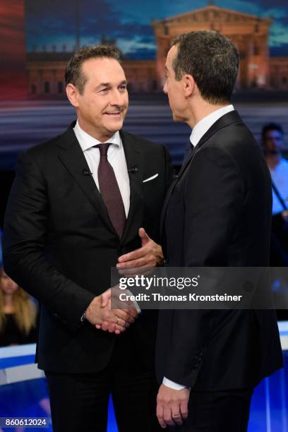 Heinz-Christian Strache of the right-wing Austrian Freedom Party and Austrian Chancellor Christian Kern of the Social Democratic Party are seen at...