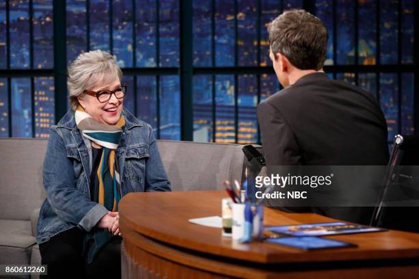 Episode 593 -- Pictured: Actress Kathy Bates talks with host Seth Meyers during an interview on October 11, 2017 --