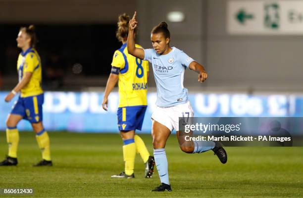 Manchester City's Nikita Parris celebrates scoring her side's first goal of the game during the UEFA Women's Champions League round of 32 second leg...