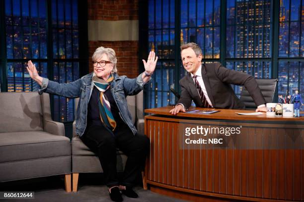 Episode 593 -- Pictured: Actress Kathy Bates talks with host Seth Meyers during an interview on October 11, 2017 --