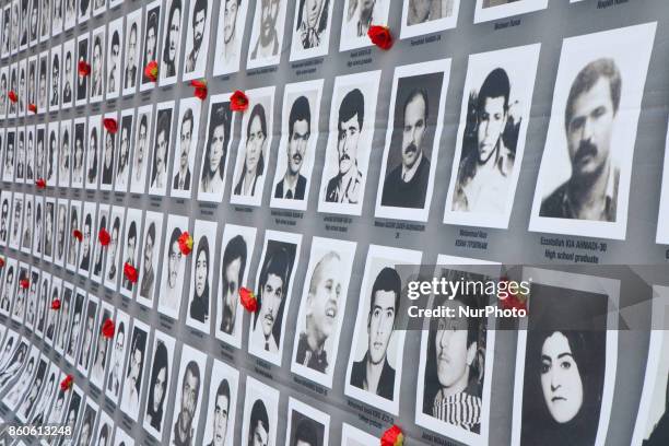 Hanging flowers exhibition, Place Denfert Rochereau in Paris, France, on 11 October 2017 in memory of the thousands of students massacred in Iran on...