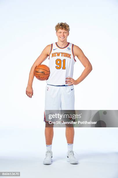 Mindaugas Kuzminskas of the New York Knicks poses for a portrait at the Knicks Practice Center on October 11, 2017 in Tarrytown, New York. NOTE TO...