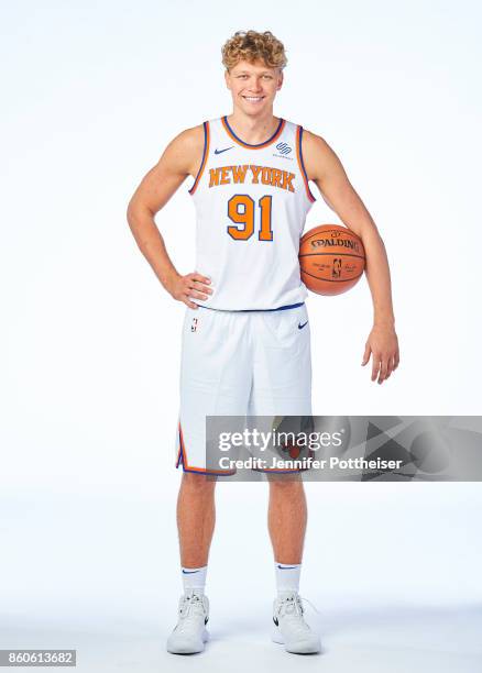 Mindaugas Kuzminskas of the New York Knicks poses for a portrait at the Knicks Practice Center on October 11, 2017 in Tarrytown, New York. NOTE TO...