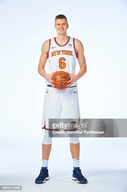 Kristaps Porzingis of the New York Knicks poses for a portrait at the Knicks Practice Center on October 11, 2017 in Tarrytown, New York. NOTE TO...