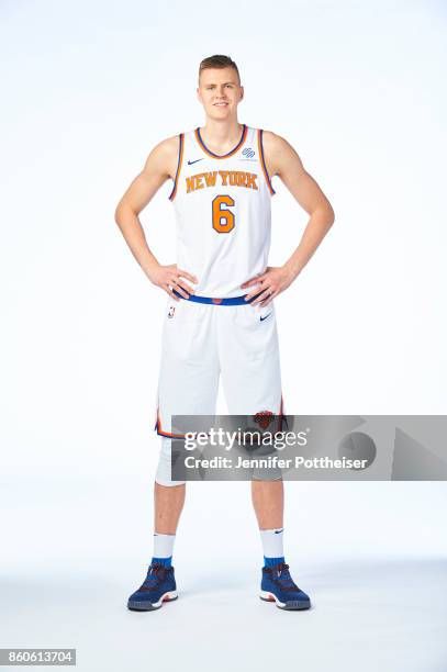 Kristaps Porzingis of the New York Knicks poses for a portrait at the Knicks Practice Center on October 11, 2017 in Tarrytown, New York. NOTE TO...