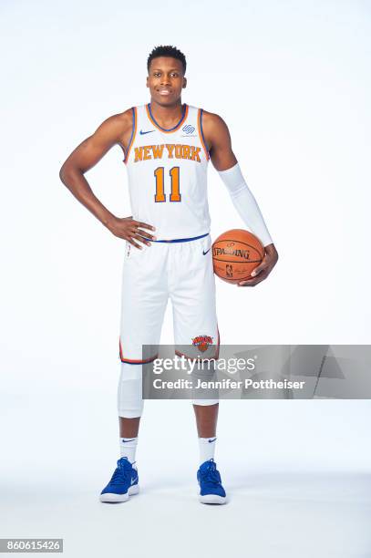 Frank Ntilikina of the New York Knicks poses for a portrait at the Knicks Practice Center on October 11, 2017 in Tarrytown, New York. NOTE TO USER:...