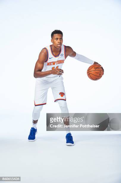 Frank Ntilikina of the New York Knicks poses for a portrait at the Knicks Practice Center on October 11, 2017 in Tarrytown, New York. NOTE TO USER:...