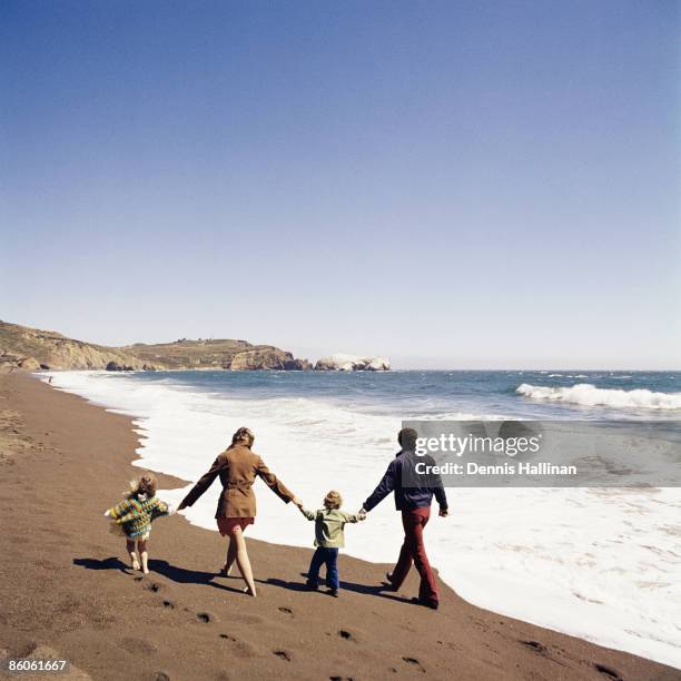 Family holding hands walking on the beach