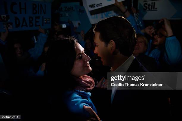 Austrian Foreign Minister Sebastian Kurz of Austrian Peoples Party greets a supporter as he arrives at ORF studios for the "Elefantenrunde"...