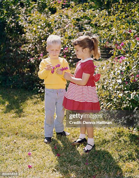 boy and girl pulling petals off flowers - retro boy stock-fotos und bilder