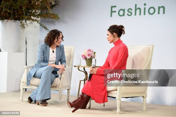 Vogue Runway Director Nicole Phelps and Victoria Beckham speak onstage during Vogue's Forces of Fashion Conference at Milk Studios on October 12,...